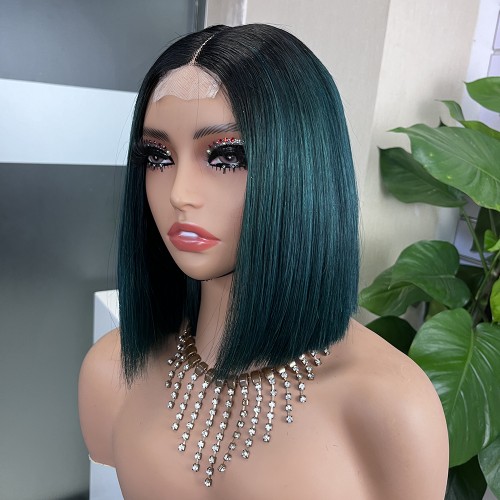 2x6 #1b/Green Colored Straight BOB Lace Closure Virgin Human Hair Wig | Human Hair Wig | Lace Front